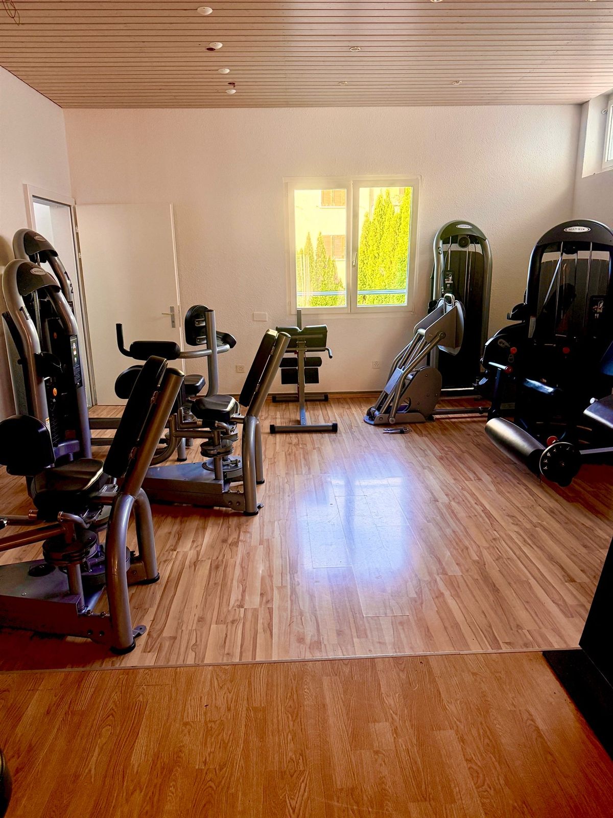 Trainingsbereich mit Beinpresse und Cardiogeräten